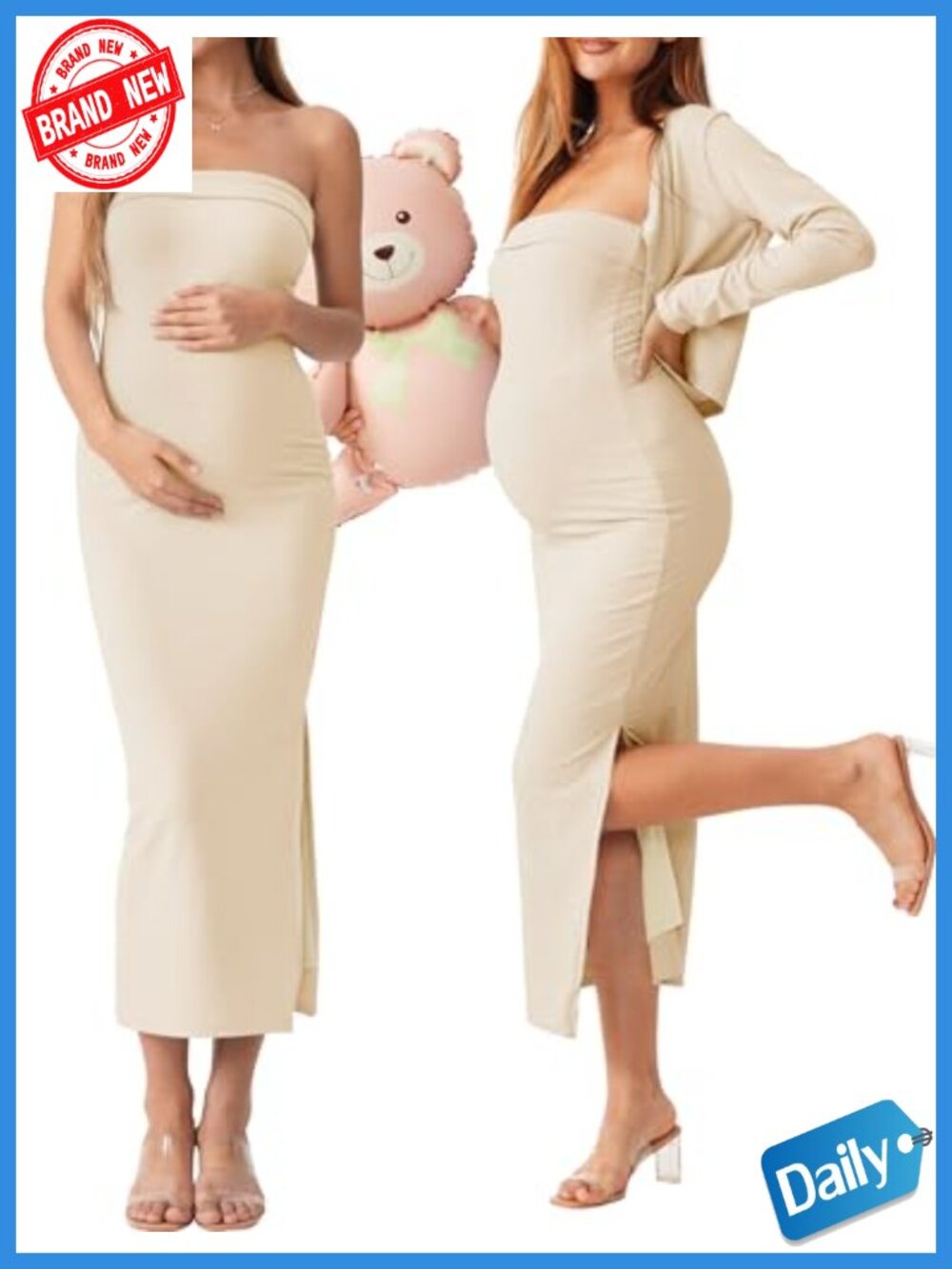 2pc Strapless Maternity Dress & Cardigan Set, Bodycon Maxi with Slit, Baby